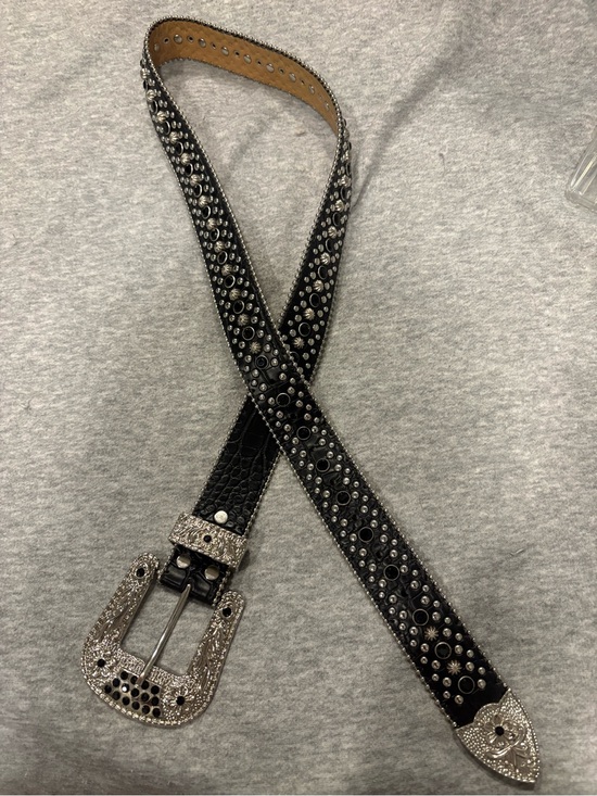 Accessories - Black Studded Leather Western-Style Belt with Rhinestone Buckle